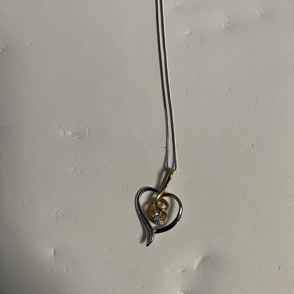 10K 2Tone Diamond Gold and Silver Heart Pendant Necklace